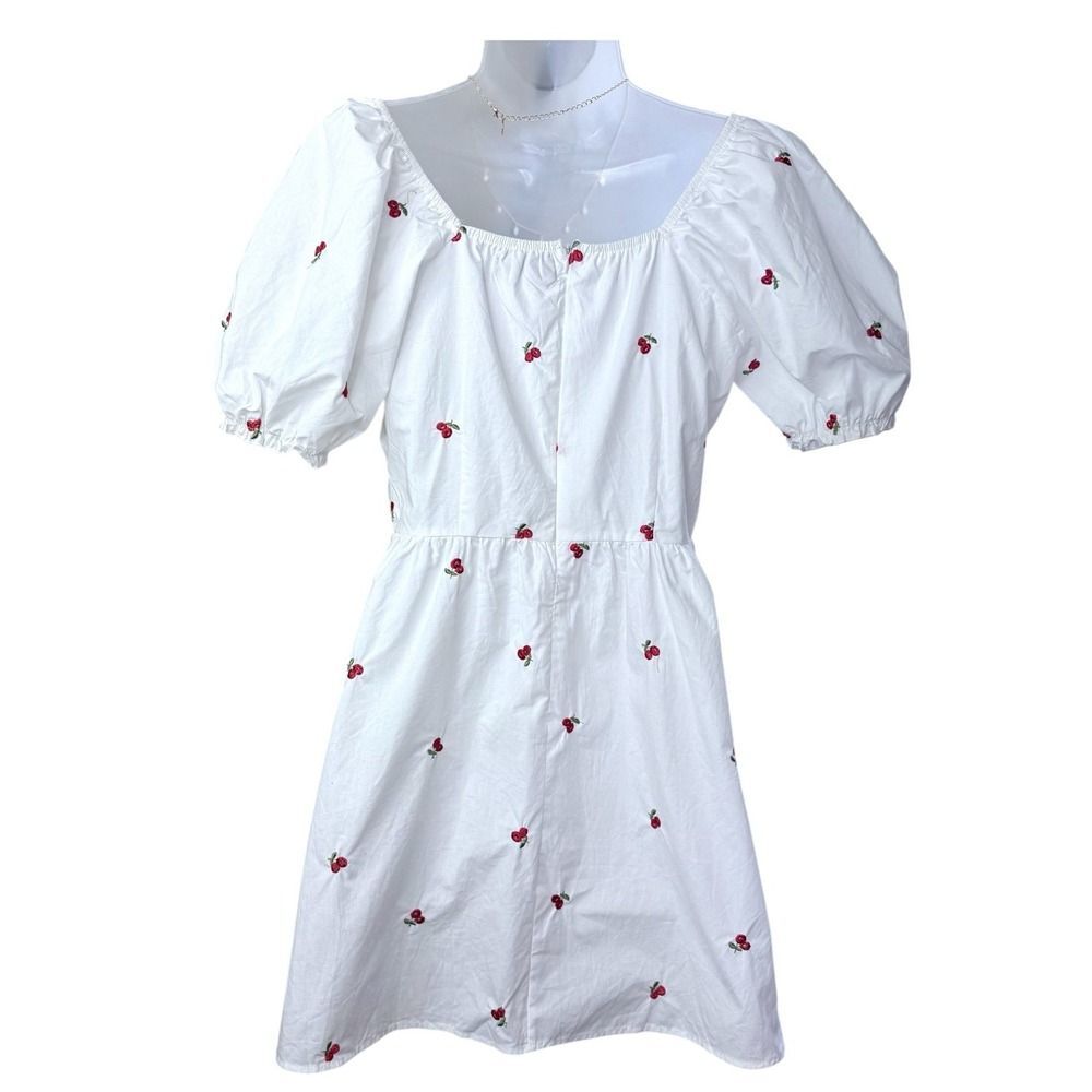 Cider White Puff Sleeve Cherry Embroidered‎ Dress - Size M - Picture 4 of 6